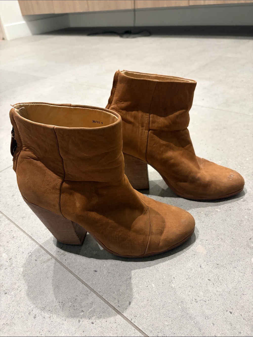 rag & bone Cognac Suede Ankle Booties with Stacked Heel